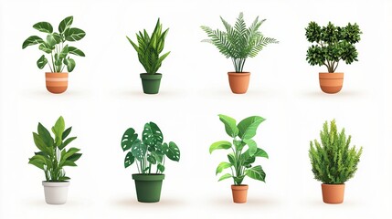 Eight potted houseplants in various shapes and sizes.