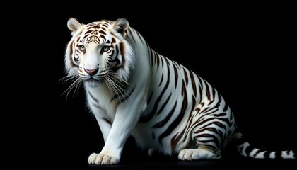 Majestic white tiger, striking pose against stark black backdrop, mammal, wild