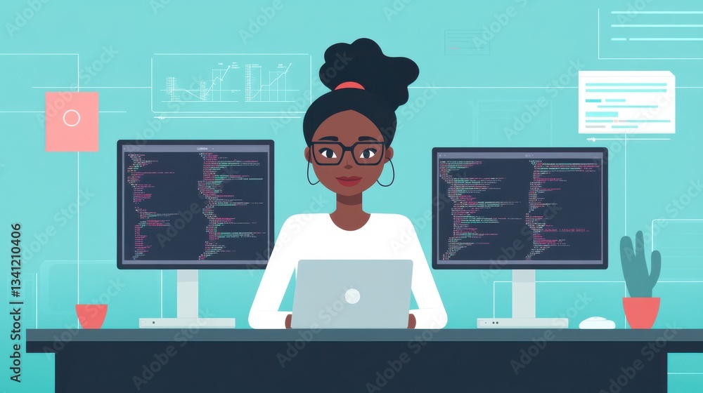 Poster modern woman programmer working on laptop in tech office environment