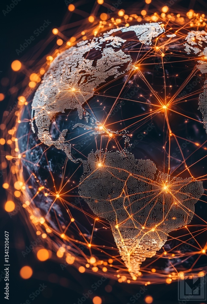 Poster the abstract backdrop of a digitized and globally connected world is backlit, displaying white hues