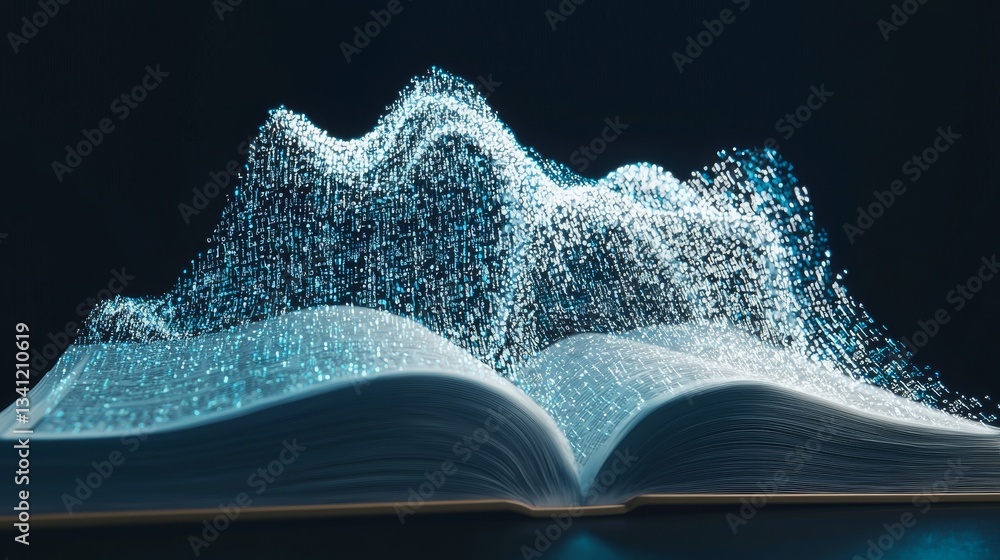 Poster in a library, an open book lies on a wooden table, with holographic text ascending from its pages, e