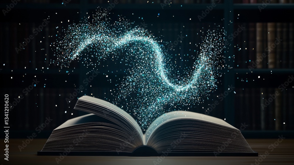 Poster an open book, positioned on a wooden table within a library, has holographic text rising from it, re