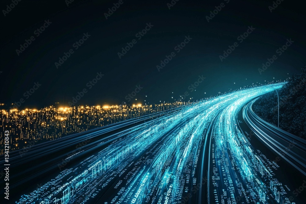 Poster the movement of digital data is represented by flowing dynamic blue light