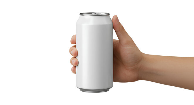A hand firmly holds a plain white aluminum can, with no label or branding, against a transparent background.