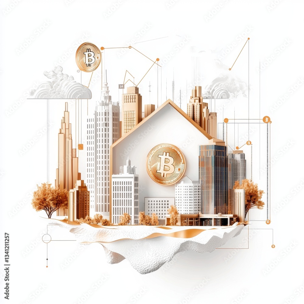 Poster the abstract concept of cryptocurrency is depicted with golden coins and cityscape elements in a mod