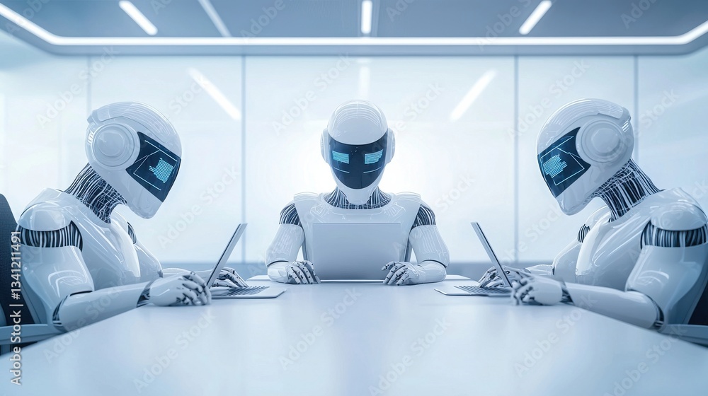 Poster futuristic robots collaborating in a modern conference room setting
