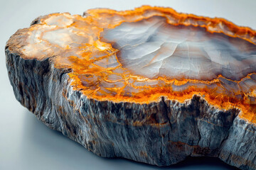 Obraz premium A polished slice of petrified wood reveals intricate patterns of orange and grey, showcasing the beauty of fossilized nature.