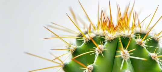 Close-up of a green cactus with sharp orange spines against a white background.
