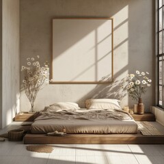 A white bed with a white comforter and pillows. A framed white picture is on the wall. A vase with daisies is on the bed