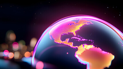 Futuristic Digital Earth Spinning with Bright Neon Lights