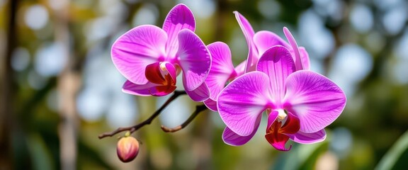 Vibrant orchid blossoms against a blurred natural background, closeup, detail