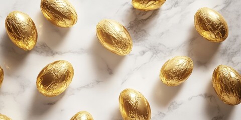 There are numerous goldcolored eggs displayed on the table
