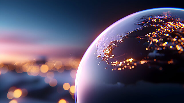 Futuristic Digital Earth Spinning with Network Connections at Sunset