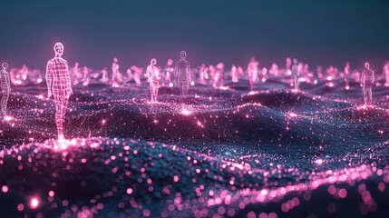 Obraz premium Silhouetted figures stand on luminous circular nodes, set amidst a futuristic abstract representation of digital connections in a vast network landscape