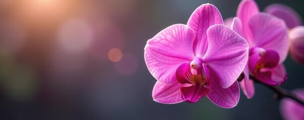 Naklejka premium Delicate pink orchid blossom, glistening dew drops , closeup shot, orchid flower, closeup