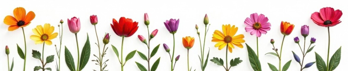 Obraz premium Delicate pressed wildflowers, vibrant hues, white backdrop, close-up, image, romantic