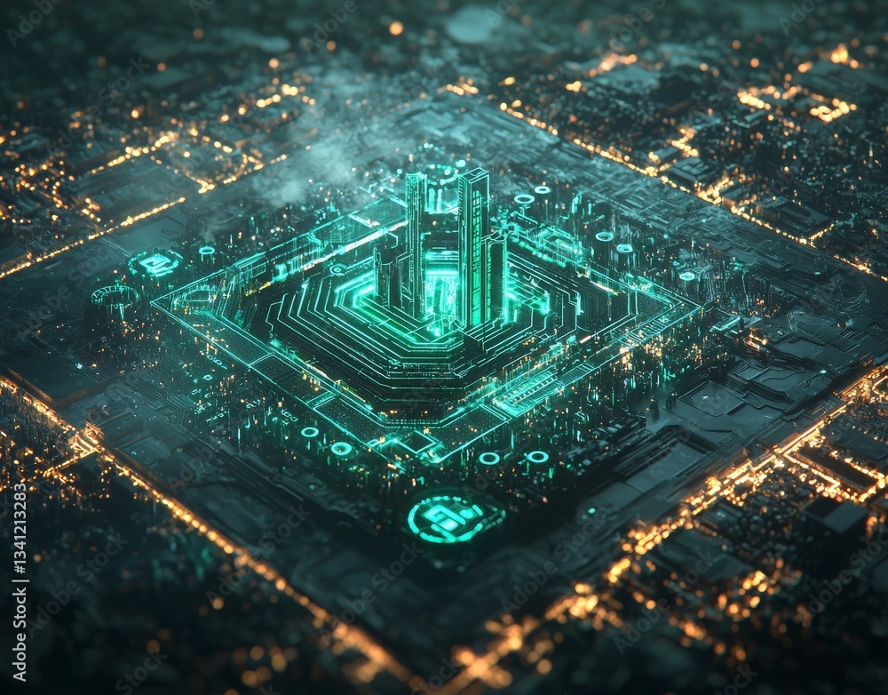 Poster a futuristic scene of glowing blue binary codes is set against the dark tones of a digital landscape