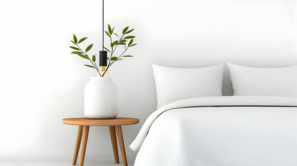 Minimalist White Bedroom Interior Design with Wooden Table and Plant
