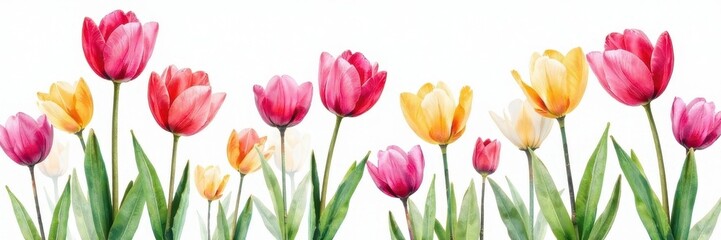 Fototapeta premium Delicate watercolor tulips & crocuses, seamless spring floral pattern , background, painting, springtime