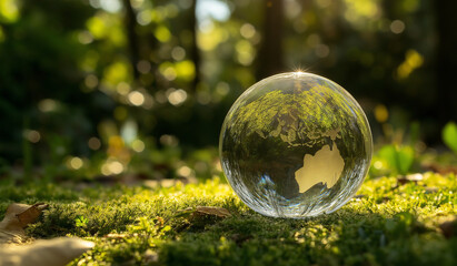Glass Globe on Lush Green Grass &ndash; Symbol of Environmental Protection & Sustainability in a Sunlit Forest with Soft Shadows & Vibrant Foliage