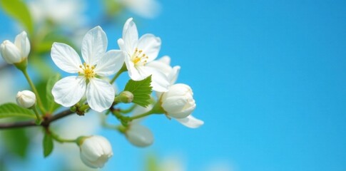 Fototapeta premium Delicate white jasmine blossoms against vibrant blue sky, petals, element, wallpaper