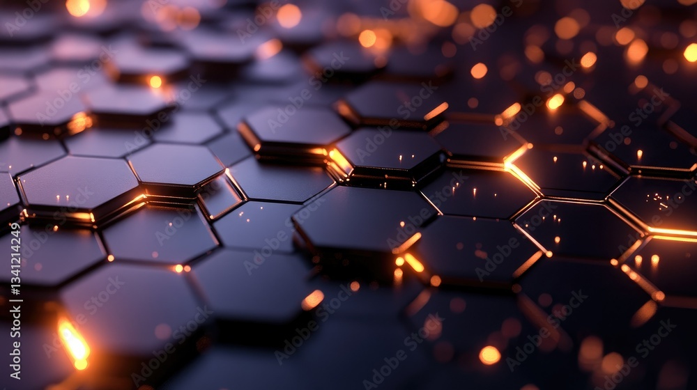 Poster abstract hexagonal grid with a metallic texture and soft ambient lighting, perfect for a tech theme.