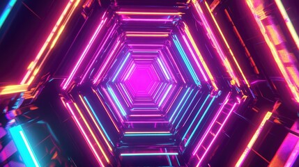 Abstract neon-lit hexagonal pattern with depth and perspective, perfect for a digital wallpaper.