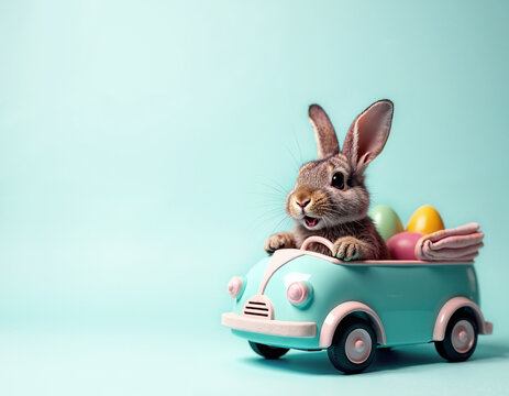 AI generation of Easter rabbit in the car on the blue background. Concept of approaching Easter. Copy space.
