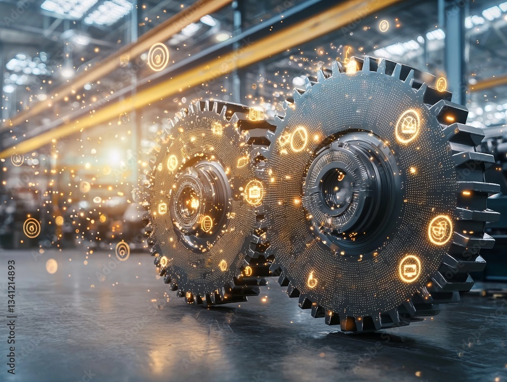 Poster metallic gears and cogs are visible in a close-up of a machinery mechanism
