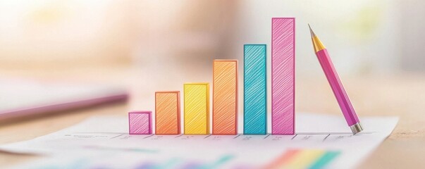 Balance Diagnosis Education Design. Colorful bar graph with pencil on paper representing data analysis.
