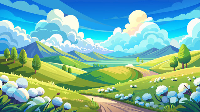 vector of picturesque landscape where the blue sky meets rolling hills, dotted with soft, cotton-like clouds on a sunny day