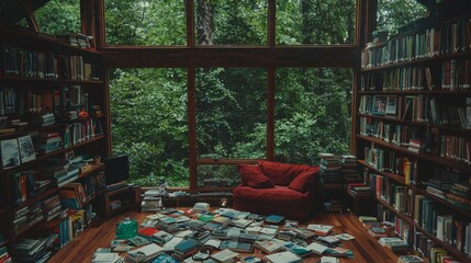 Fototapeta premium A grand and convoluted library marked by circuitous routes and mysterious recesses, where time-honored scrolls and up-to-date treatises commingle in a sphere of unending discernment and exploration,
