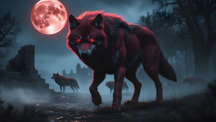 Under the Crimson Moon Wolves in a Mysterious Realm wolf red eyes