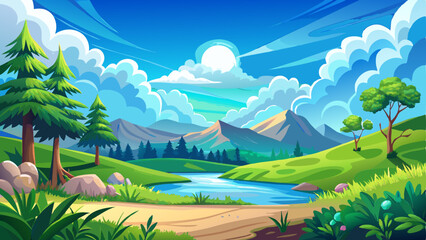 Obraz premium serene nature scene with a vast blue sky, fluffy white clouds, and lush greenery bathed in warm sunlight