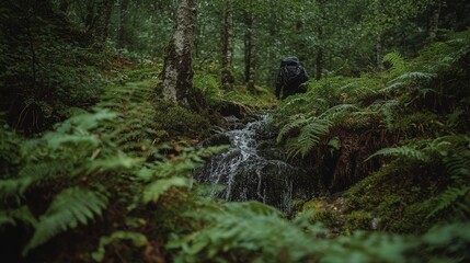 Obraz premium Urban exploration photography reveals a mystical canyon oasis, complete with a hidden waterfall and lush vegetation, in the Chasm of the Forgotten, as depicted in an illustration