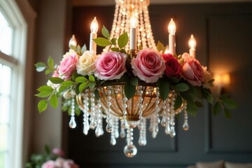 Elegant floral arrangement cascading around a crystal chandelier , event planning, greenery