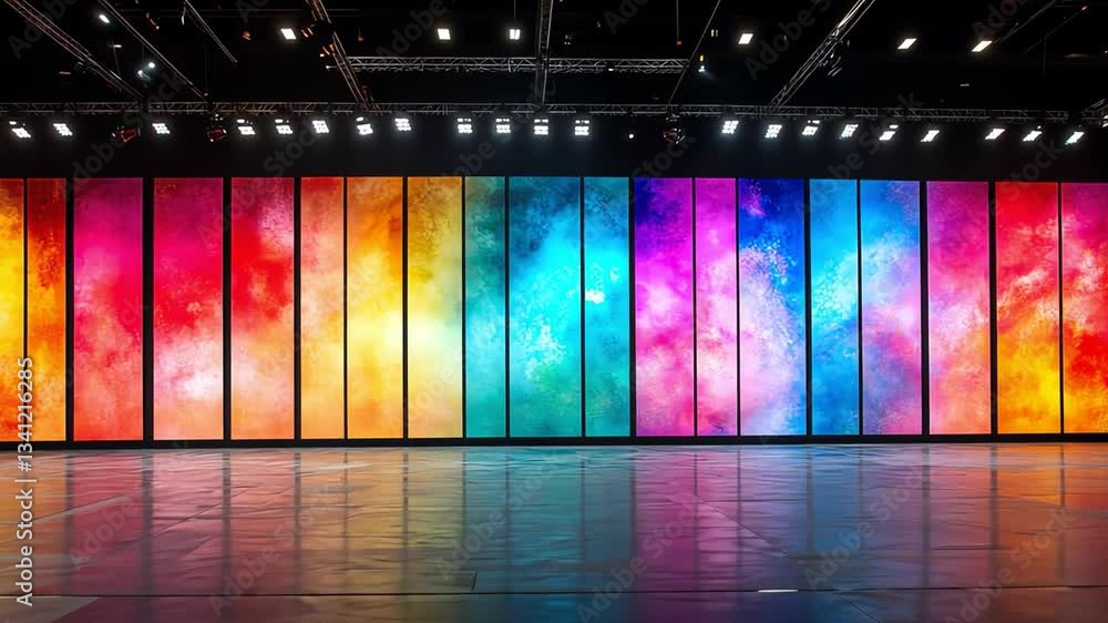 Poster vibrant digital display showcasing colorful abstract patterns in modern venue, creating energetic an