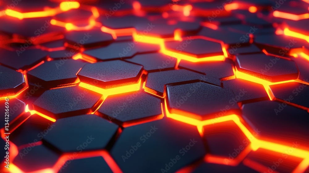 Poster floating hexagons in a digital space, interconnected with glowing lines and a cyberpunk aesthetic.