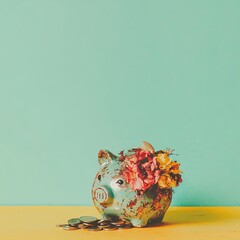 Savings and Financial Growth Conceptualized with a Blue Piggy Bank and Coins Against a Yellow Background