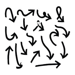 Hand drawn pencil arrows. Doodle curved chalk darts. Texture design elements of scribble lines. Vector illustration of hand painted crayon check lines in eps 10.