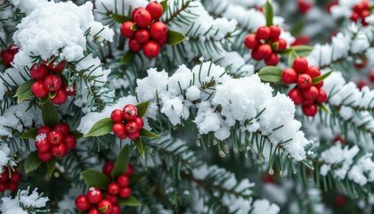 Fototapeta premium Snow-dusted spruce boughs laden with bright holly berries, evergreen, coniferous