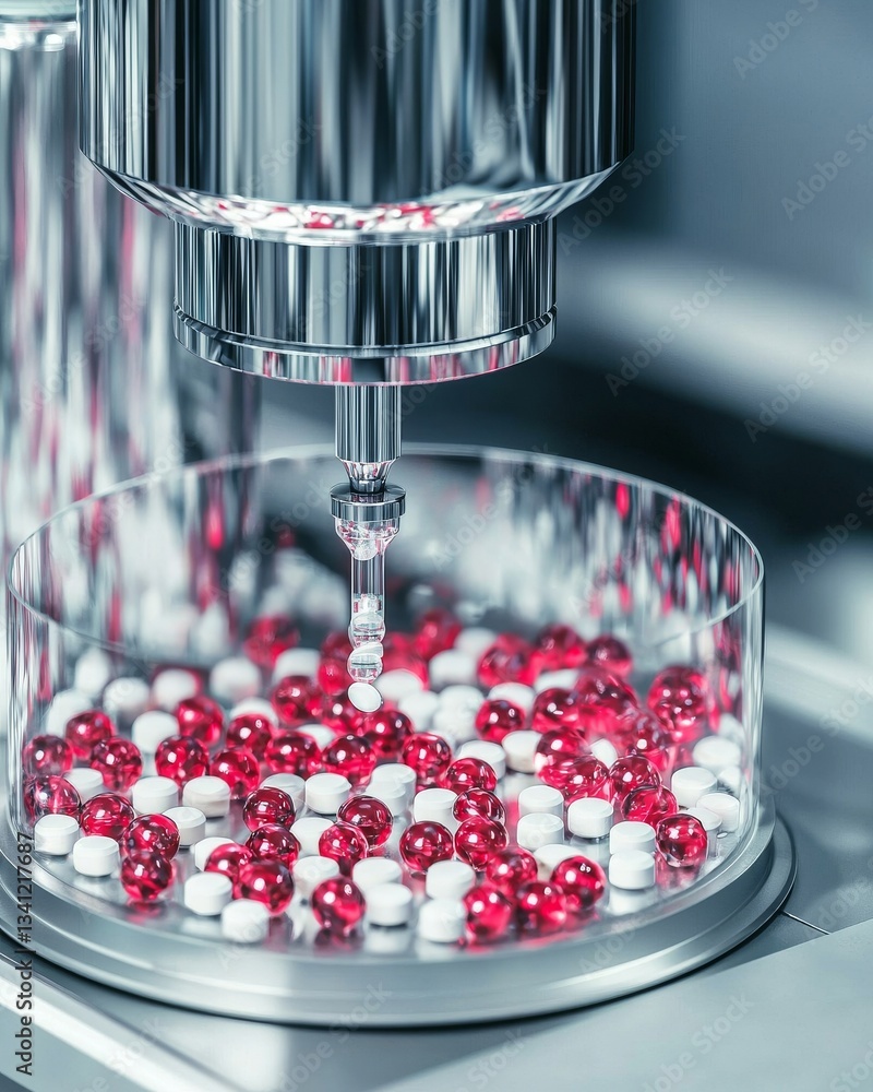 Poster in a factory, a close-up view captures automated machinery filling capsules with exact measurements
