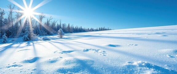 Obraz premium Soft, diffused winter sunlight on a snowy landscape with glittering ice crystals, soft light, ray of light