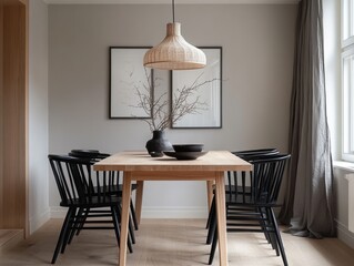 A table with a vase of flowers and a bowl of fruit. There are four chairs around the table