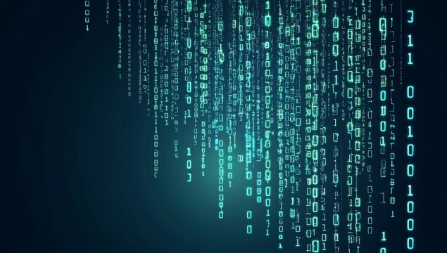 Background image of a digital matrix with binary code displayed in blue and green lines