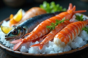 Glistening seafood, various species on crushed ice , fish, variety