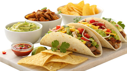 Assorted Tacos with Guacamole, Salsa, and Crunchy Tortilla Chips on a White Background