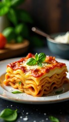 Fototapeta premium Golden-brown lasagna, vibrant basil, cozy kitchen backdrop , ricotta, tomato sauce, dinner