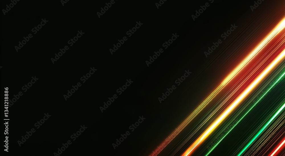 Poster dark surface serves as background for futuristic abstract design with neon lines and electric colors
