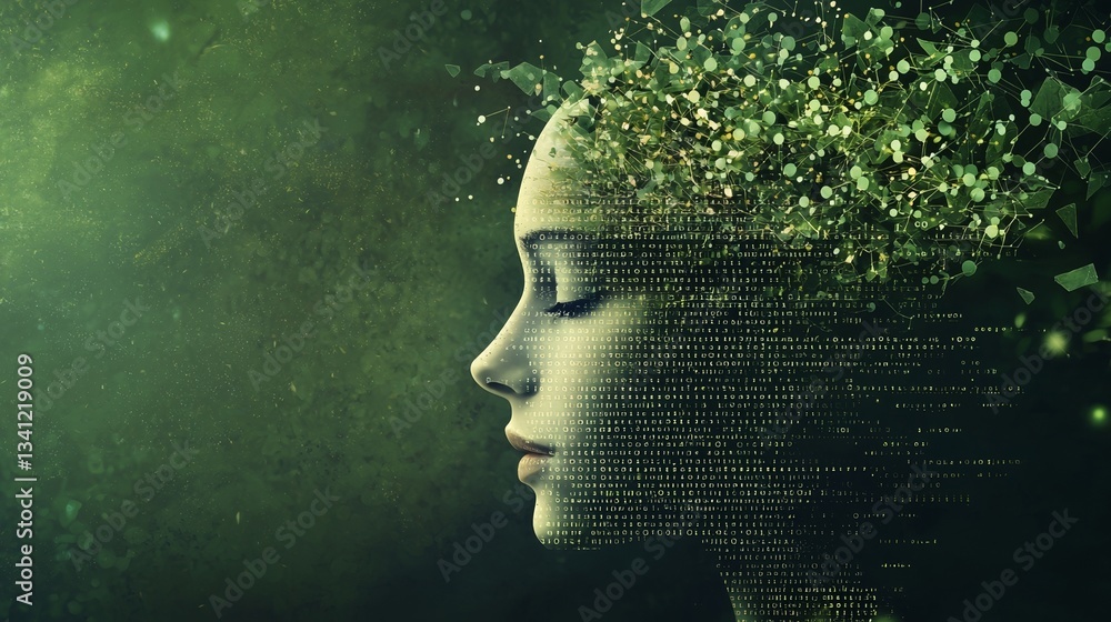 Poster a futuristic scene where a human face disintegrates into binary code represents the blending of tech